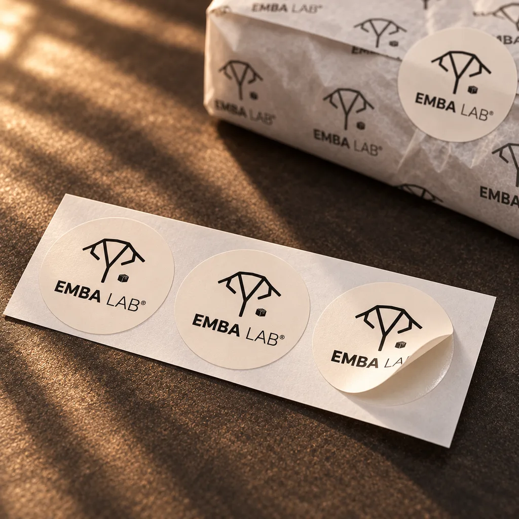 Adesivos redondos EMBA LAB em folha, com um deles sendo descolado, sobre o papel de seda estampado.