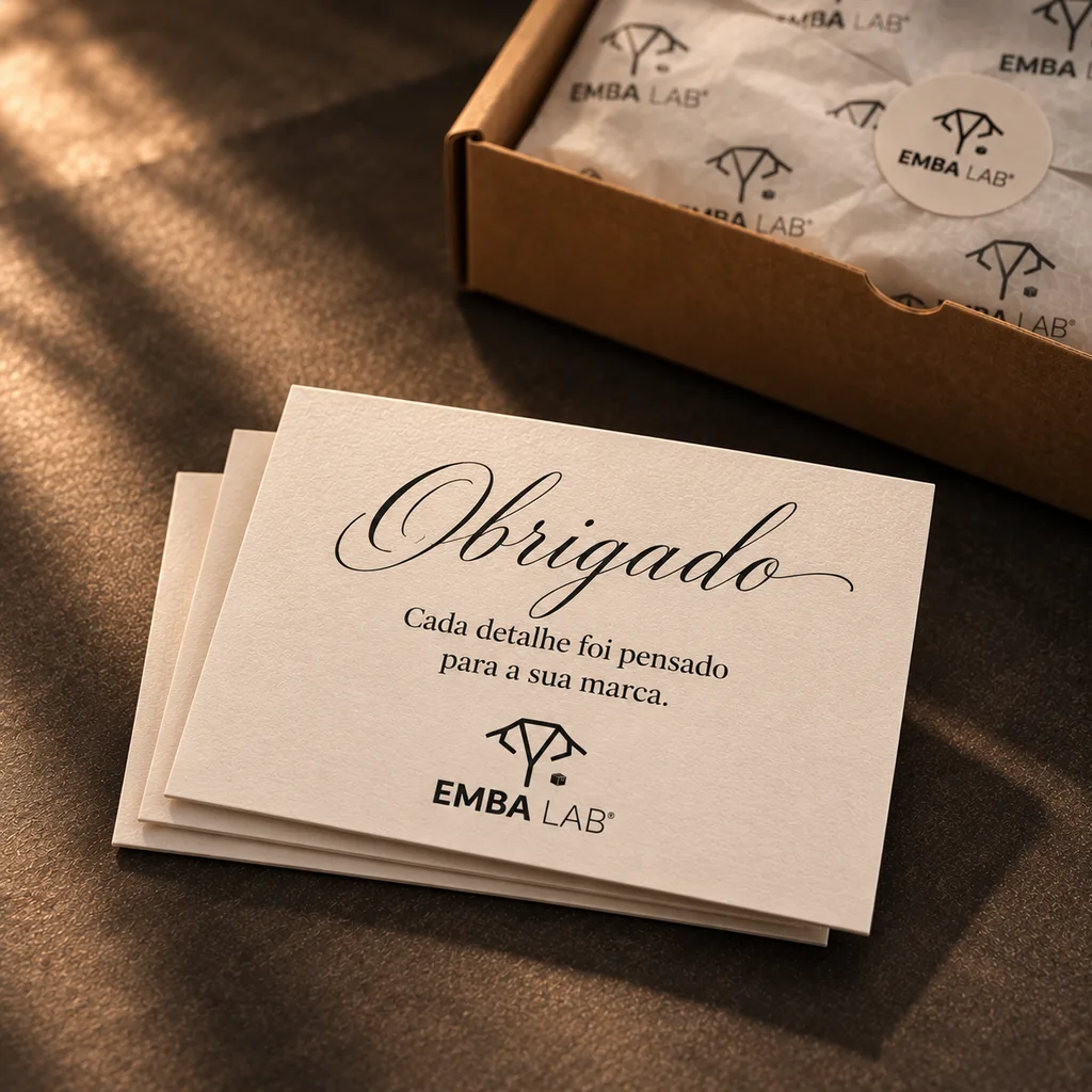 Cartões de agradecimento EMBA LAB sobre a caixa kraft aberta com papel de seda.
