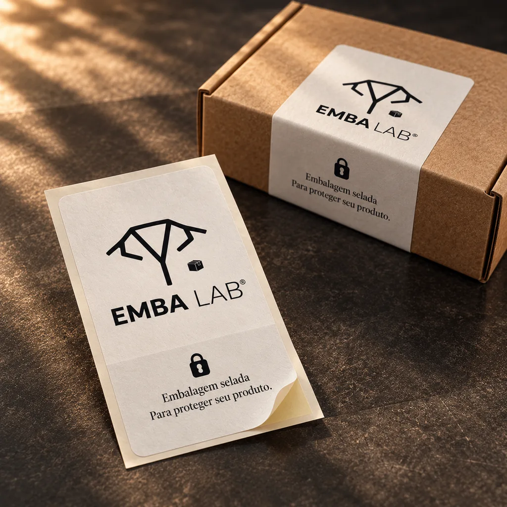 Etiquetas retangulares de lacre EMBA LAB, uma delas sendo descolada, sobre a caixa fechada.