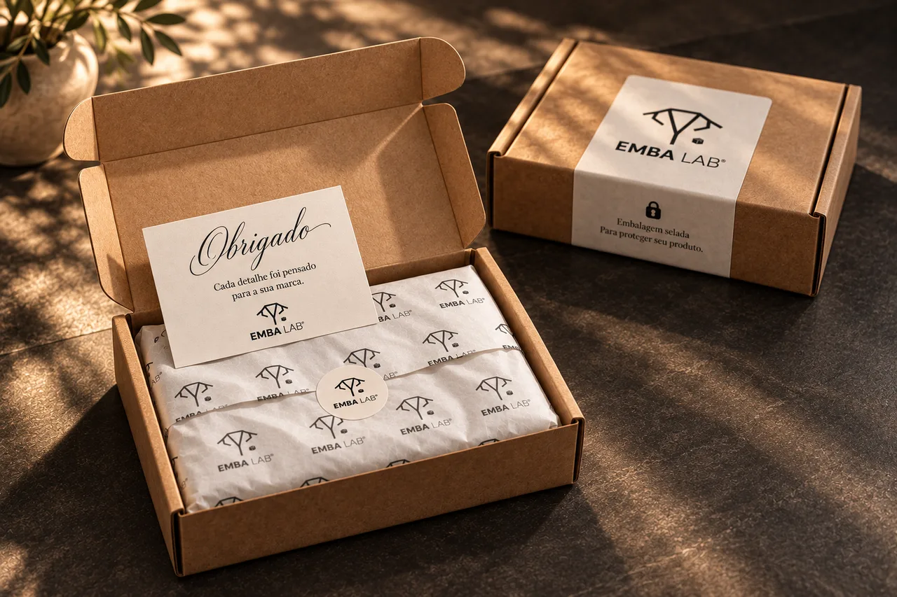 Caixa kraft aberta com papel de seda estampado, adesivo redondo e cartão de agradecimento, ao lado da caixa fechada.