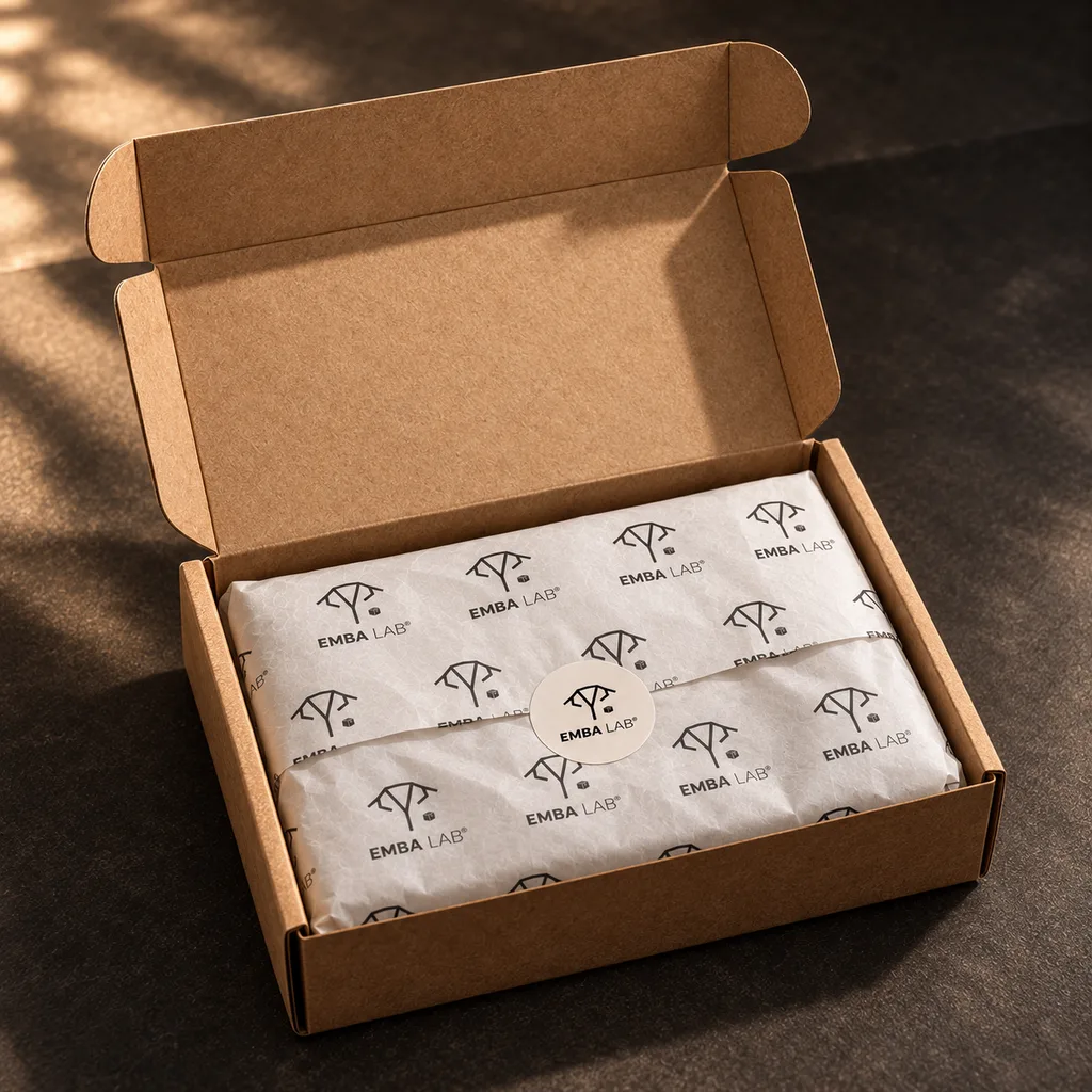 Caixa kraft aberta com o produto envolto no papel de seda estampado, fechado com adesivo redondo.